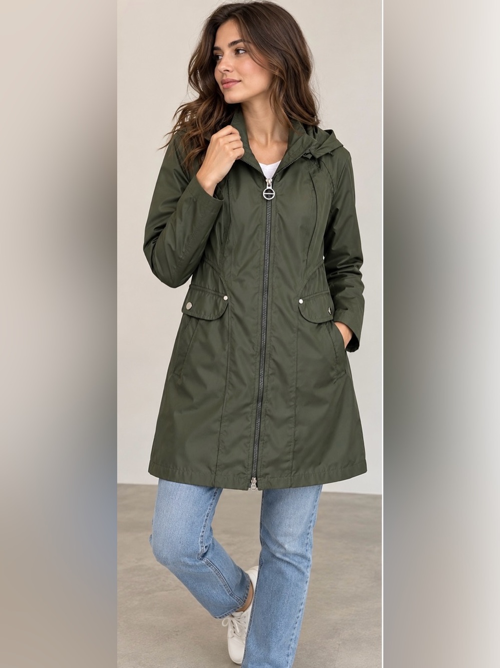 Laundry by Shelli Segal Women’s Olive Green Hooded Rain Jacket Petite Medium PM